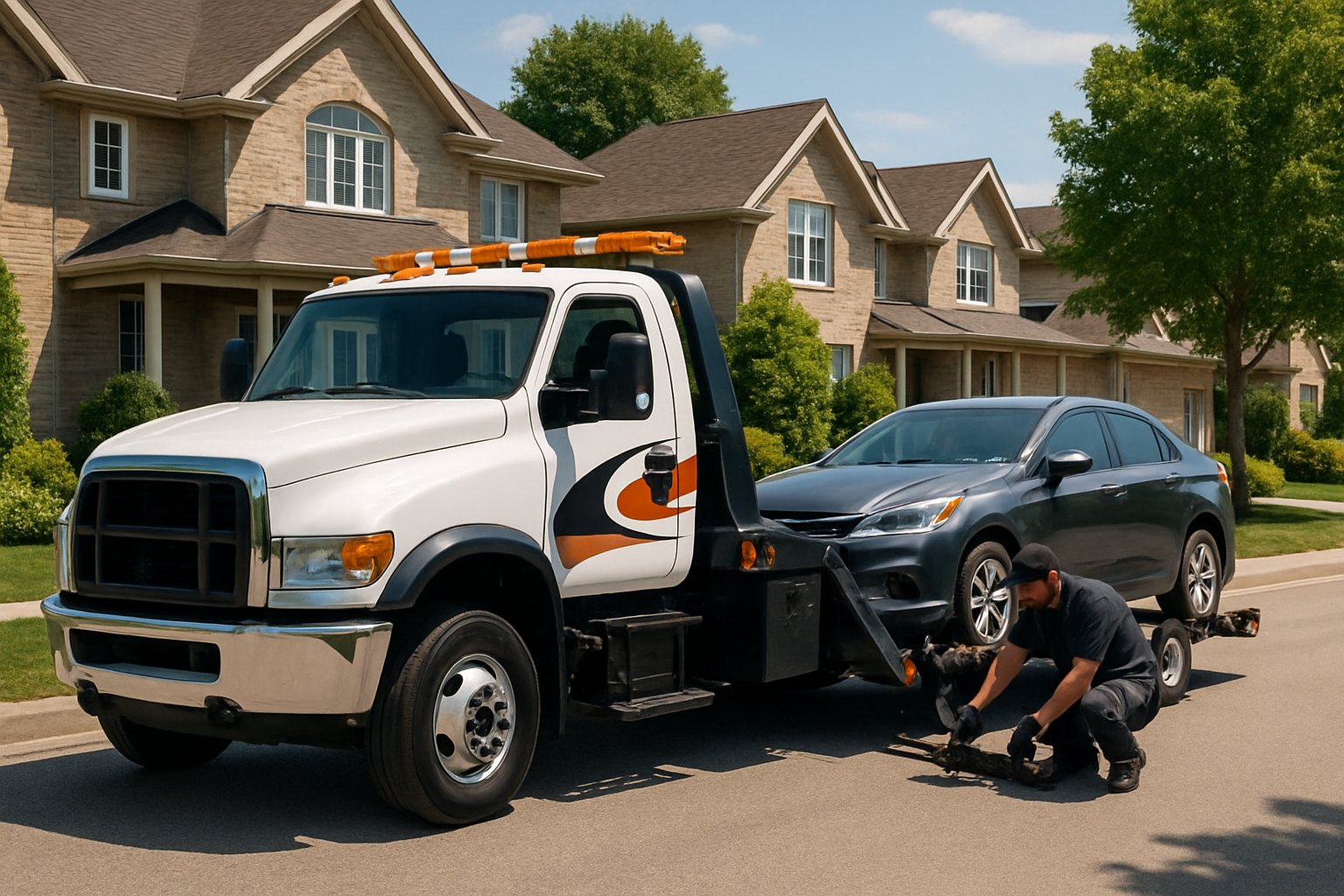 A tow truck operator securing a disabled car on a suburban street in Cambridge, Ontario, with houses and trees in the background.