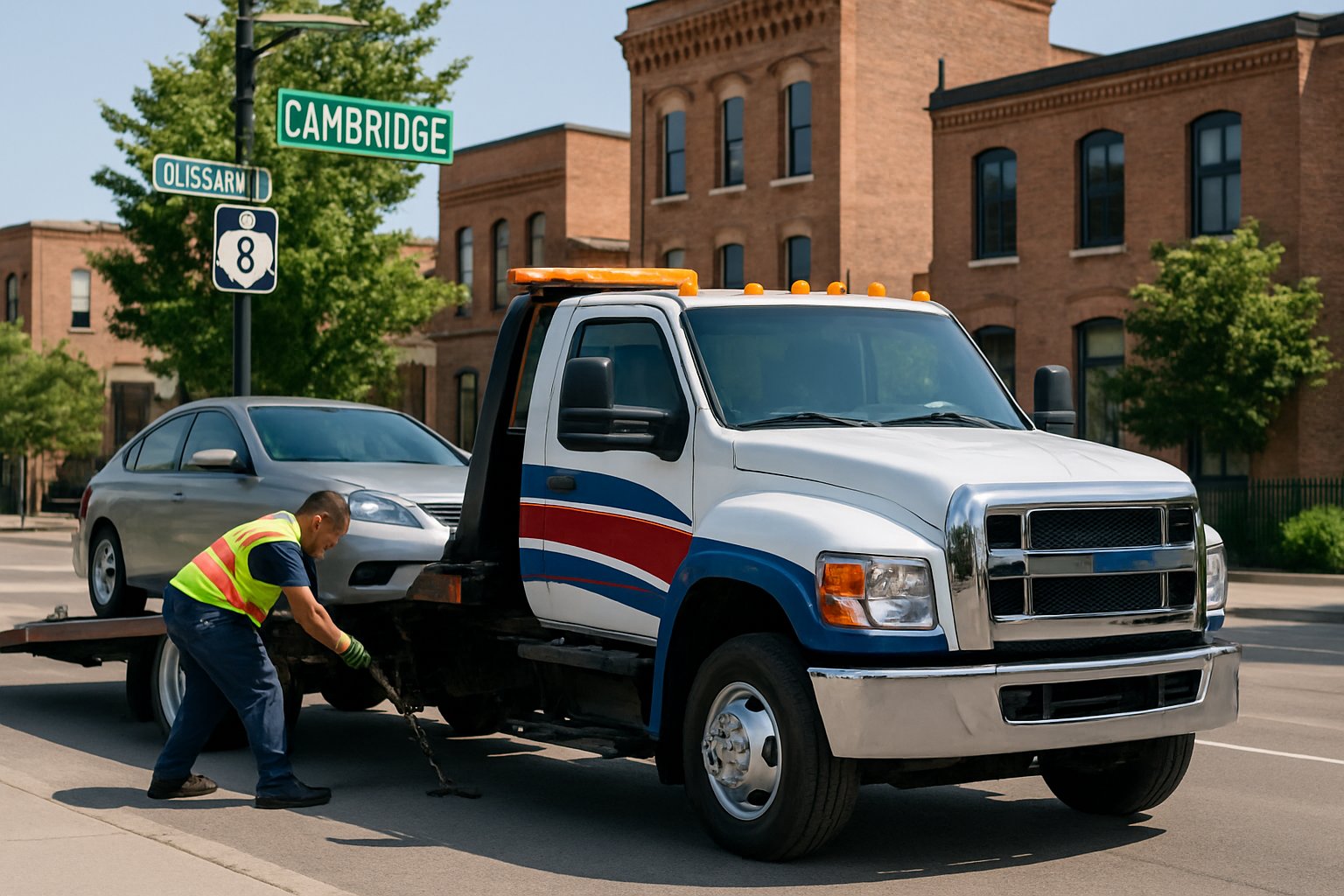 A tow truck operator hooking up a sedan to a tow truck on a street in Cambridge, Ontario.