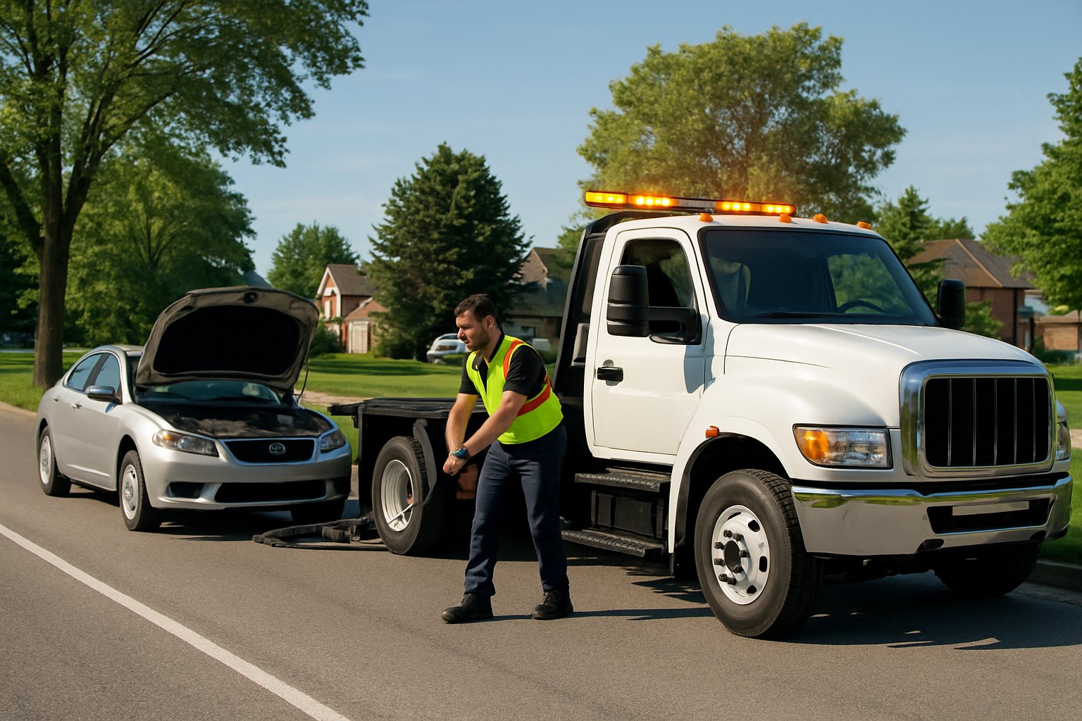 A tow truck operator assisting a stranded car on a suburban road with houses and trees in the background.