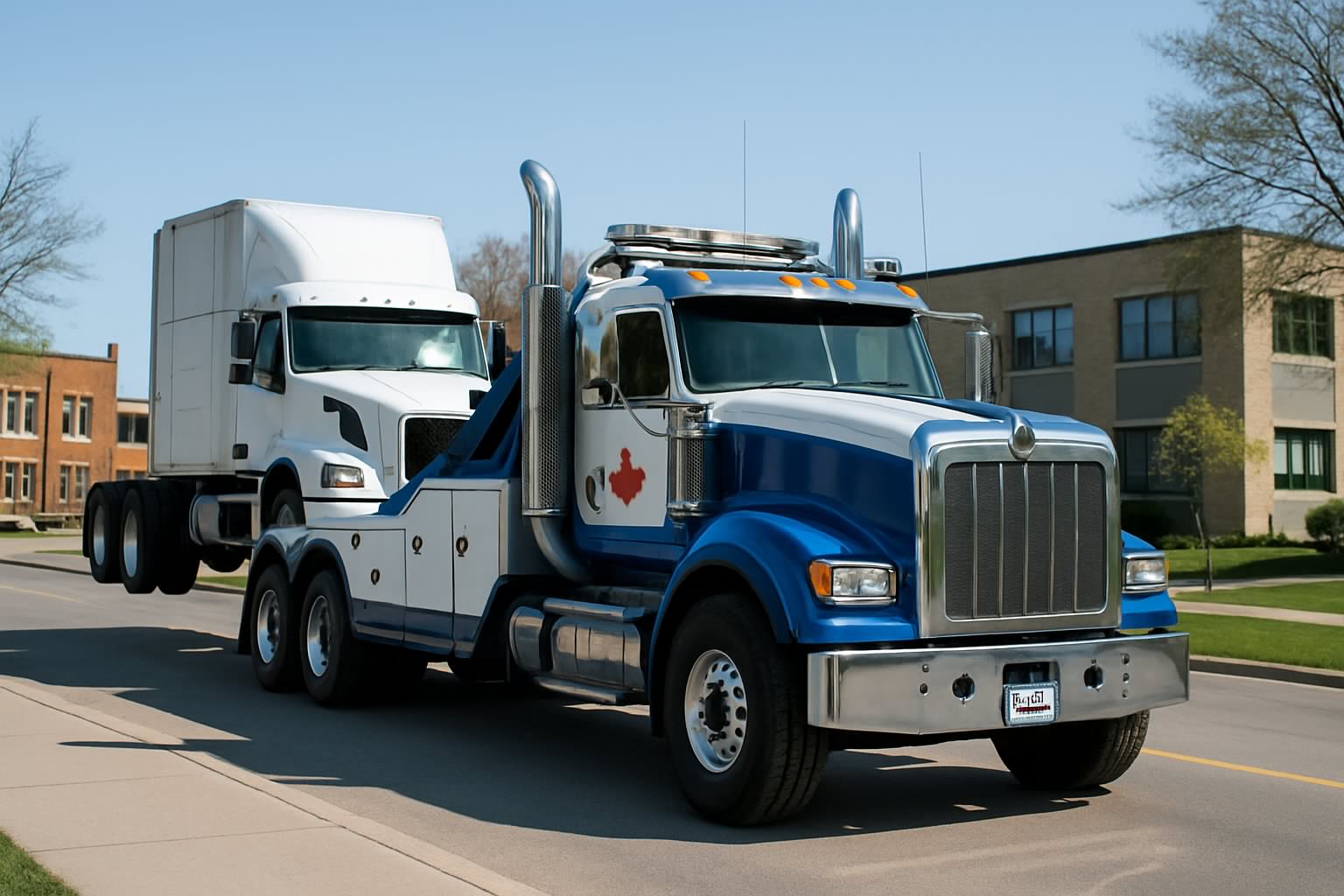 A heavy duty tow truck towing a large commercial vehicle on a city street in Cambridge, Ontario.