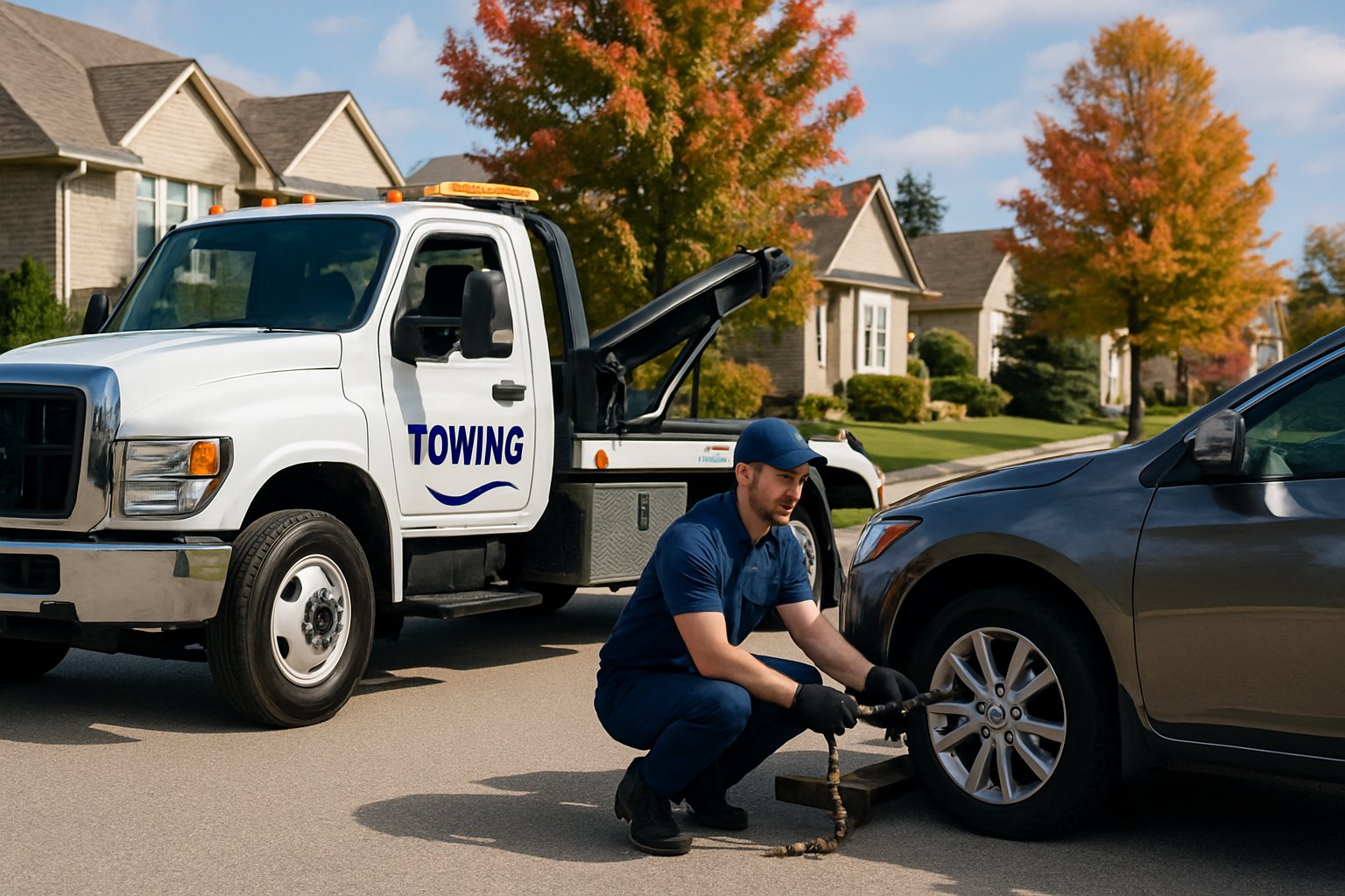 A tow truck operator helping a customer attach a vehicle to a tow truck on a suburban street in Cambridge, Ontario.