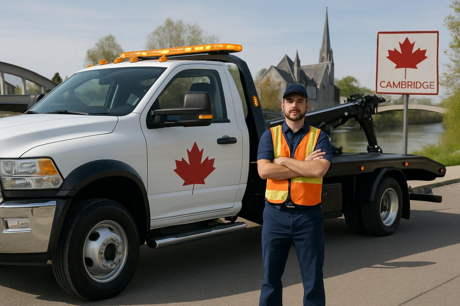 A tow truck parked on a city street in Cambridge, Ontario, with a uniformed operator standing beside it.