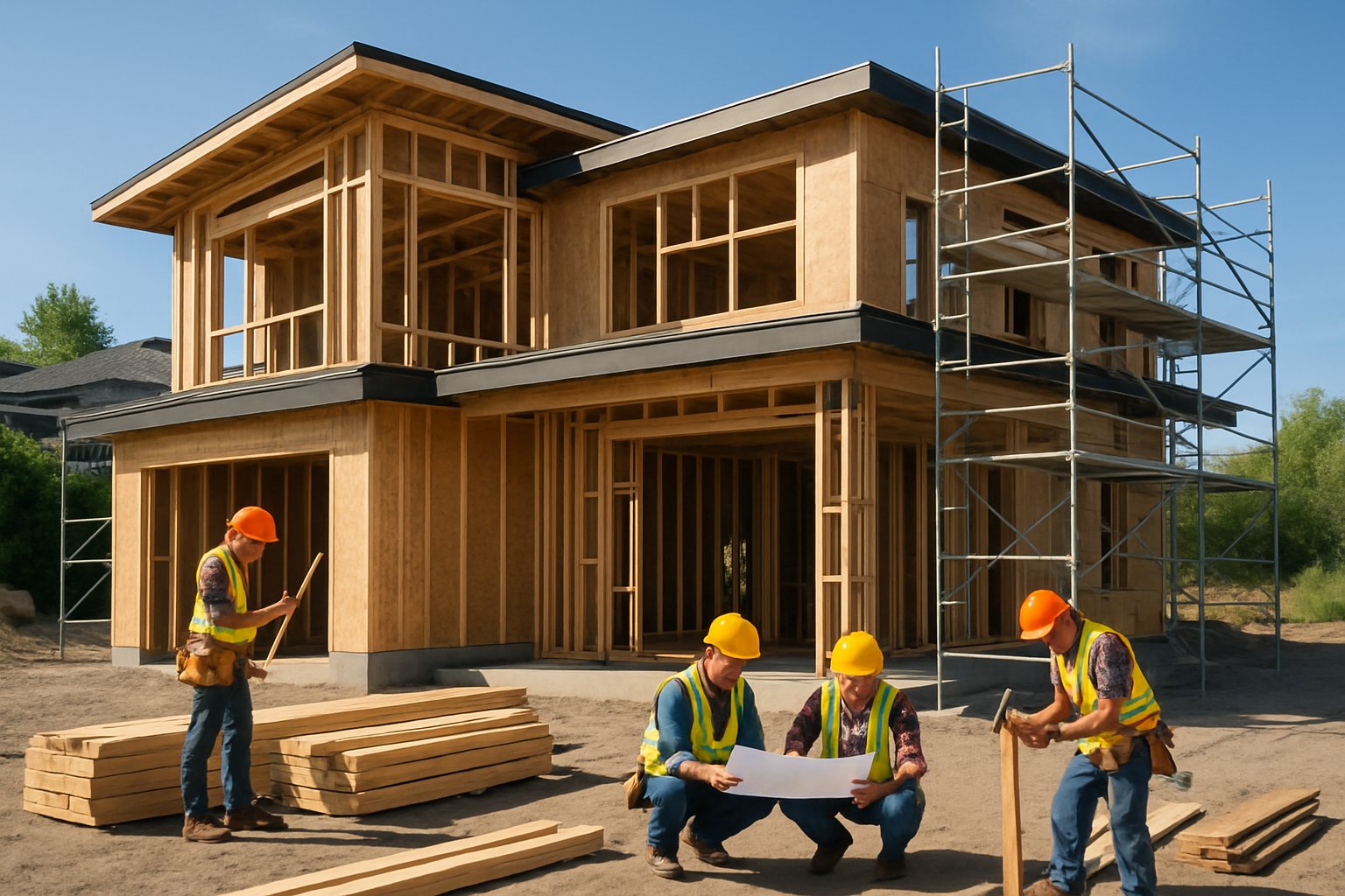 A construction site with workers building a modern custom home surrounded by wooden framing and construction materials.