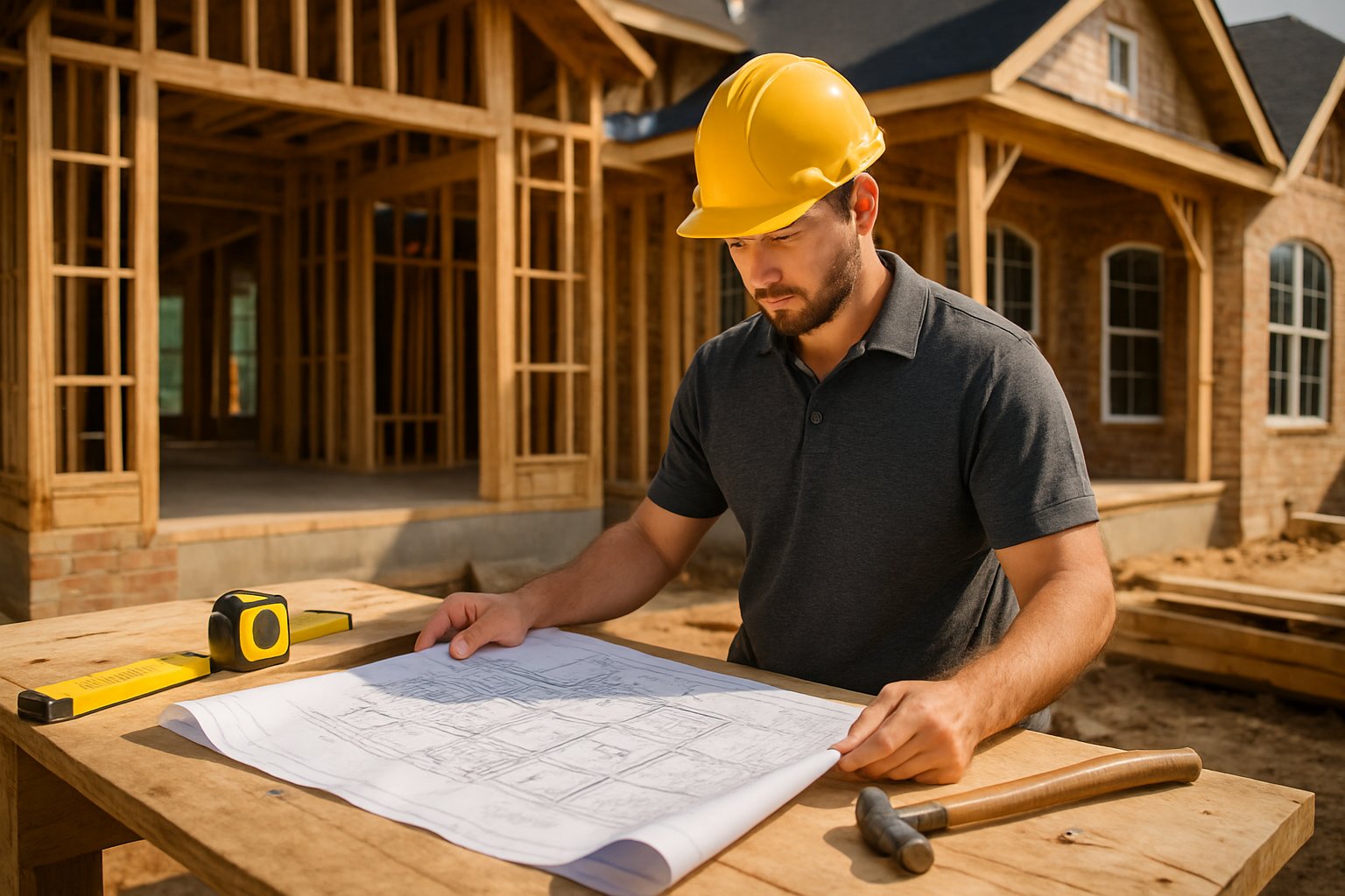 A builder reviewing blueprints at a custom home construction site with visible framing and building materials.