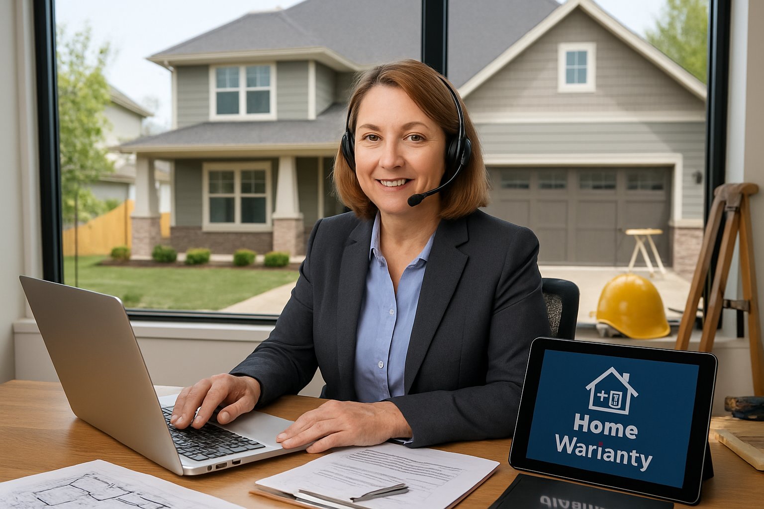 A customer service representative at a desk helping a client with warranty and custom home construction details, with a newly built house visible through a window behind them.