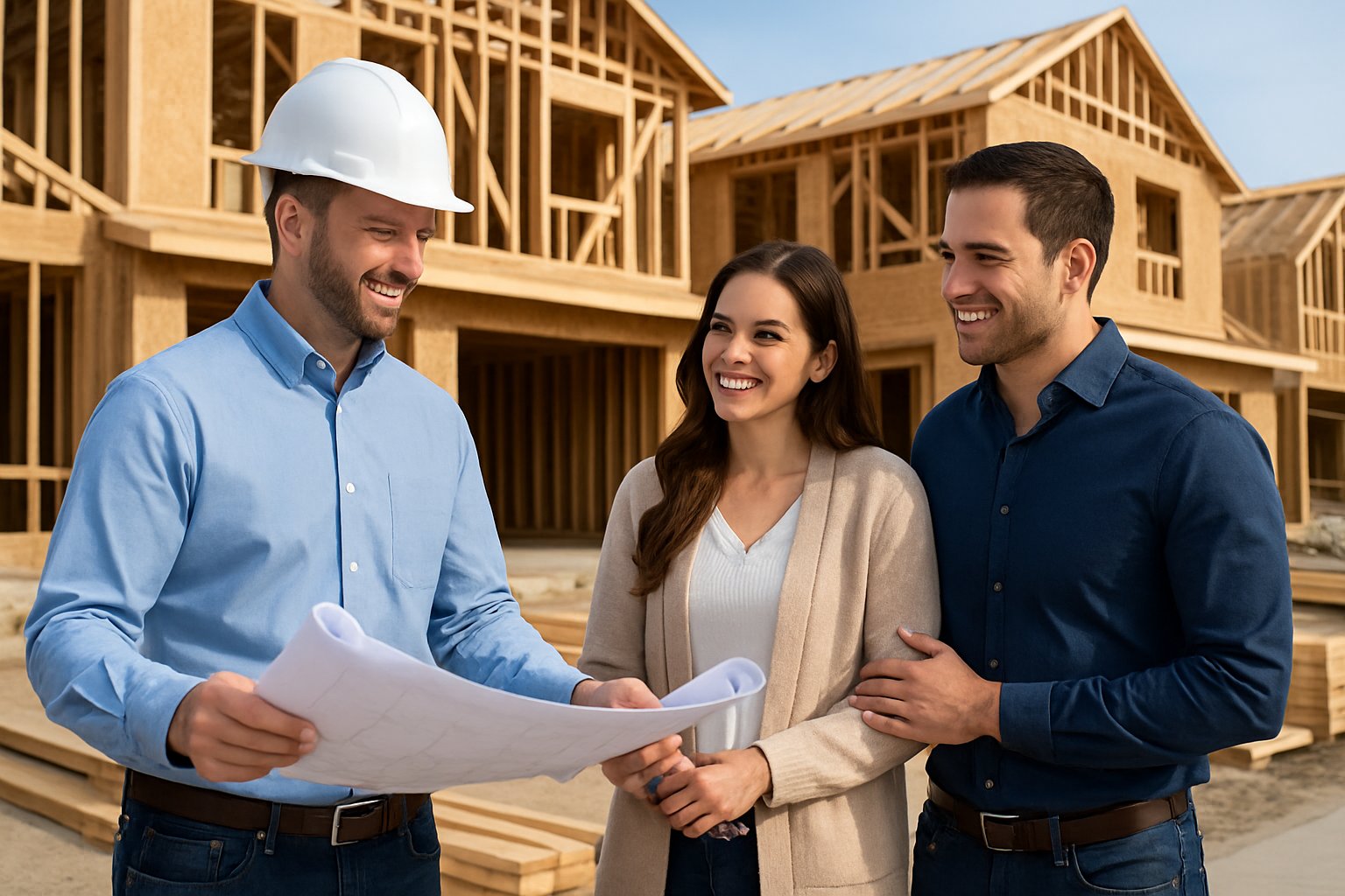 A couple discussing home construction plans with a builder at a residential construction site.