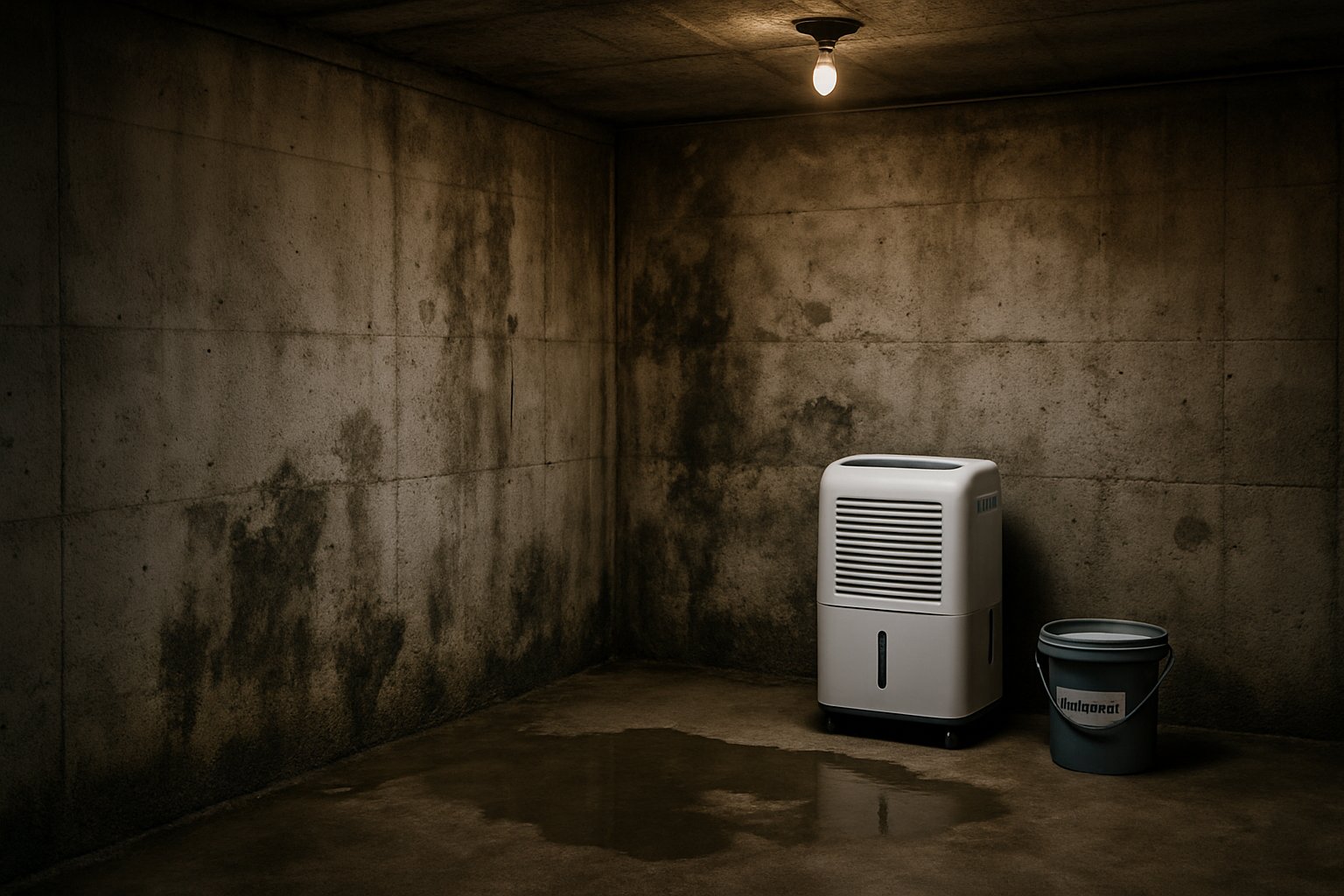 A basement with damp concrete walls, water stains, mold patches, a small puddle on the floor, and a dehumidifier in the corner.
