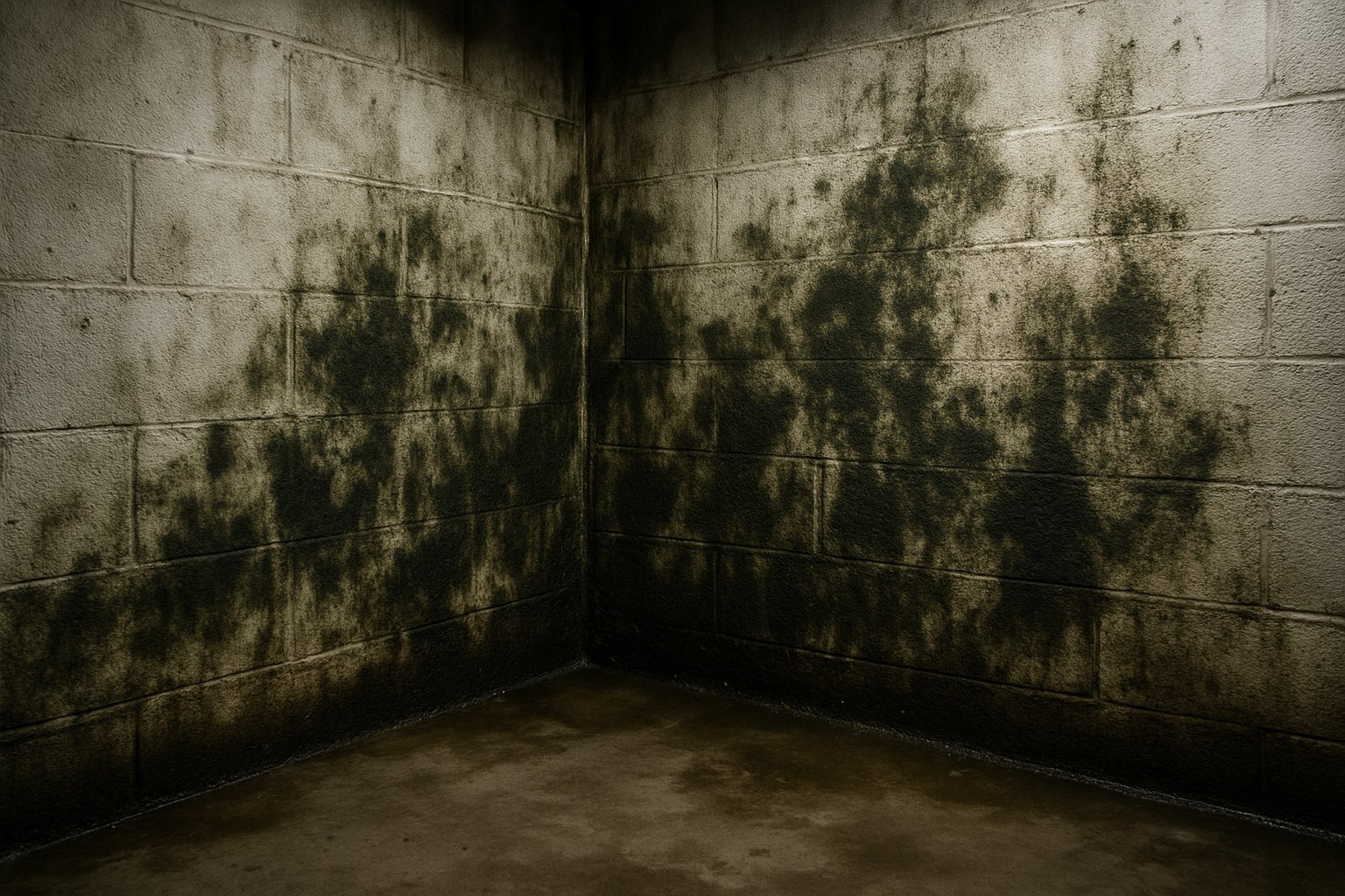 A basement corner with visible mold growth and damp concrete walls showing signs of water damage.
