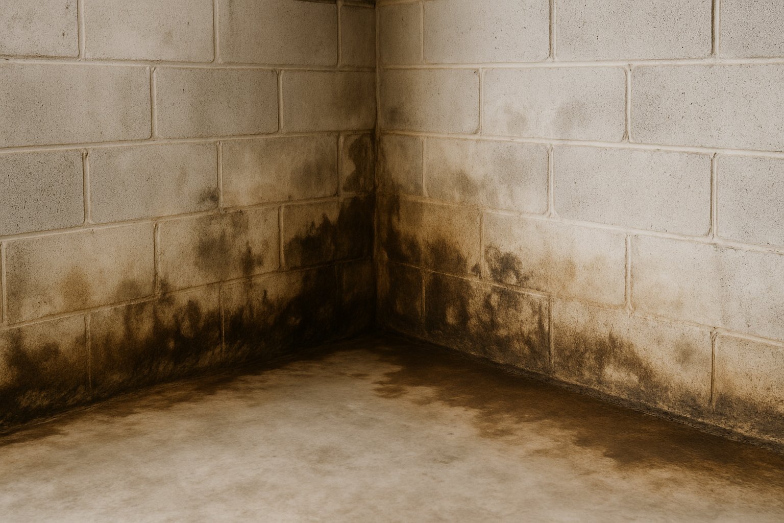 Close-up of a basement corner with water stains and discoloration on the walls and floor.