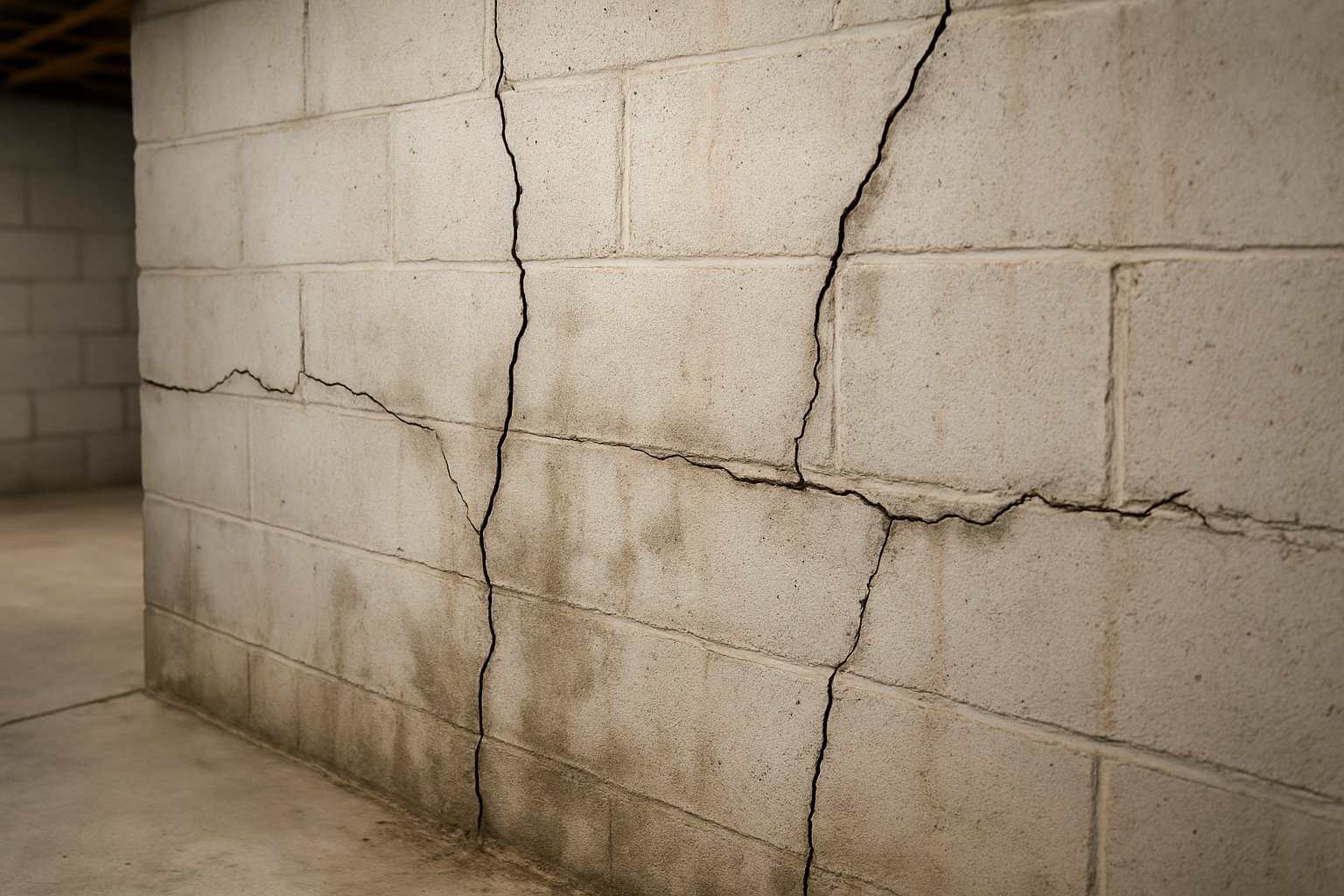 Close-up of a basement foundation wall with visible cracks and signs of moisture damage.