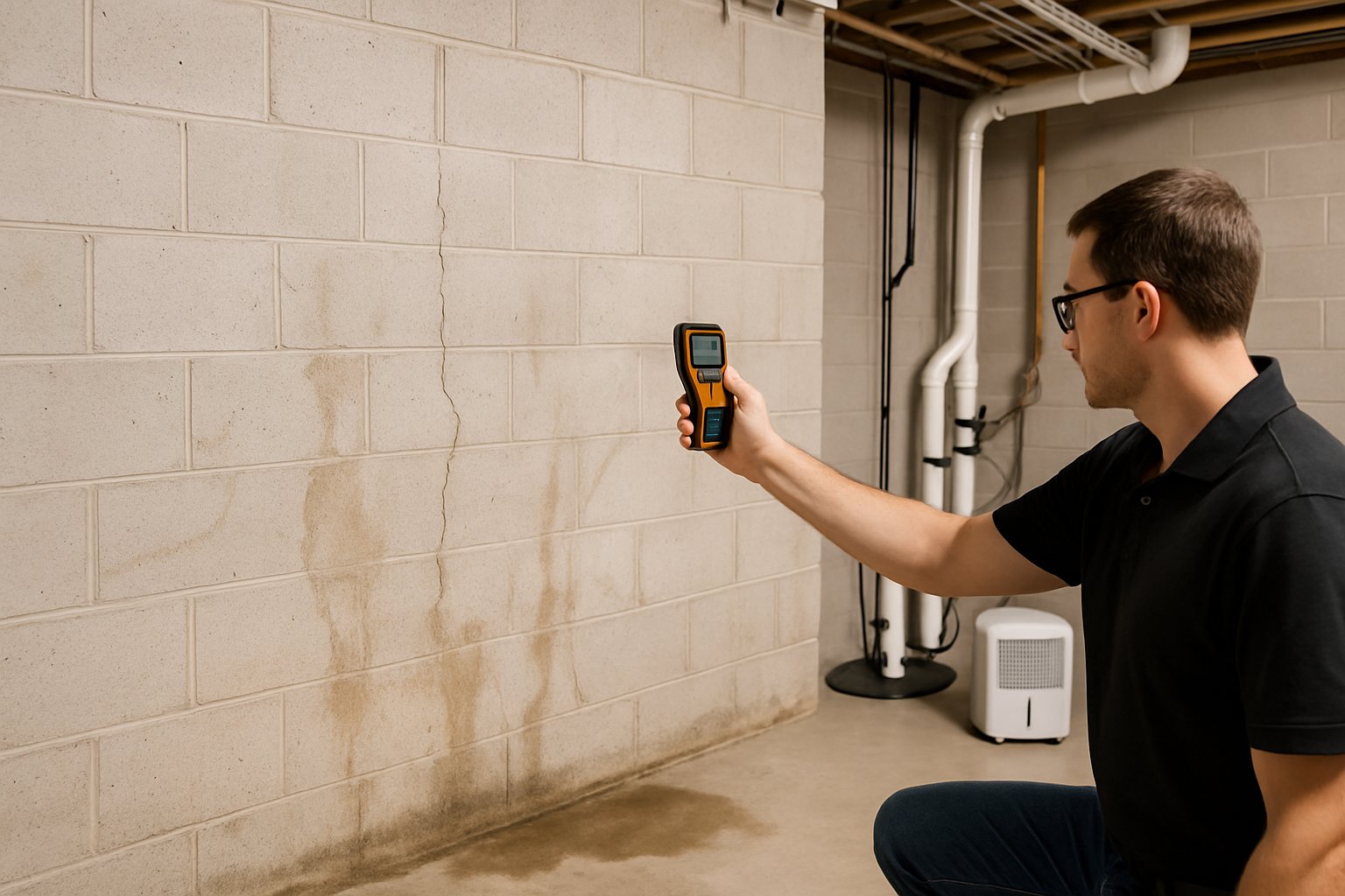 A basement interior showing water stains on the walls and floor with a person inspecting the area using a moisture meter.