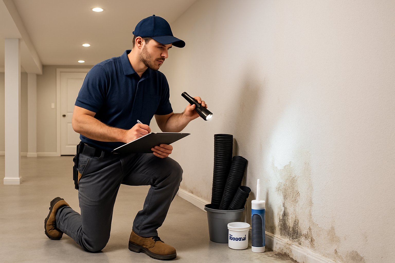 A contractor inspecting a basement with visible water damage such as damp walls and stains, with waterproofing tools nearby.