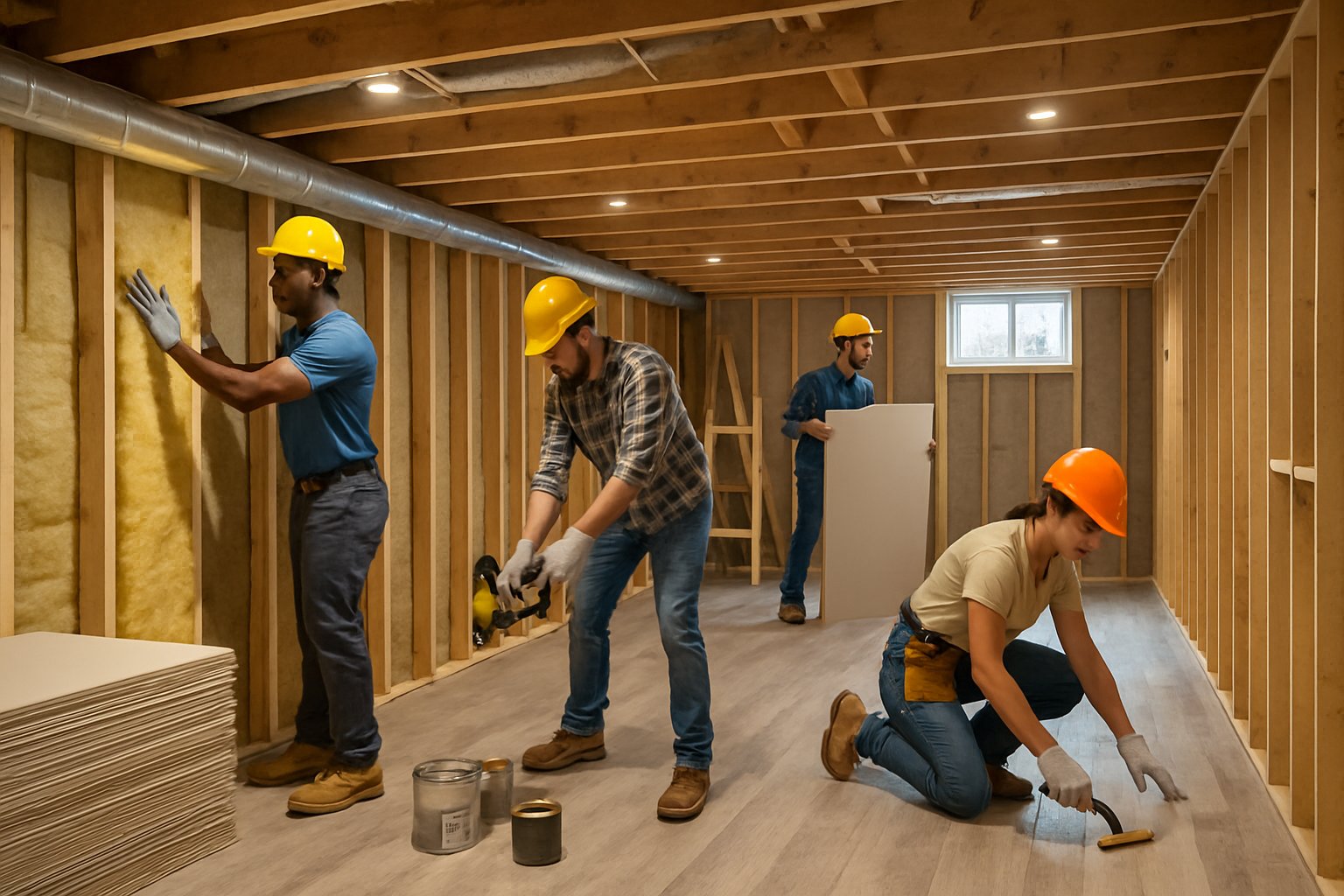 A team of workers renovating a basement, installing insulation and framing walls in a clean, organized space.