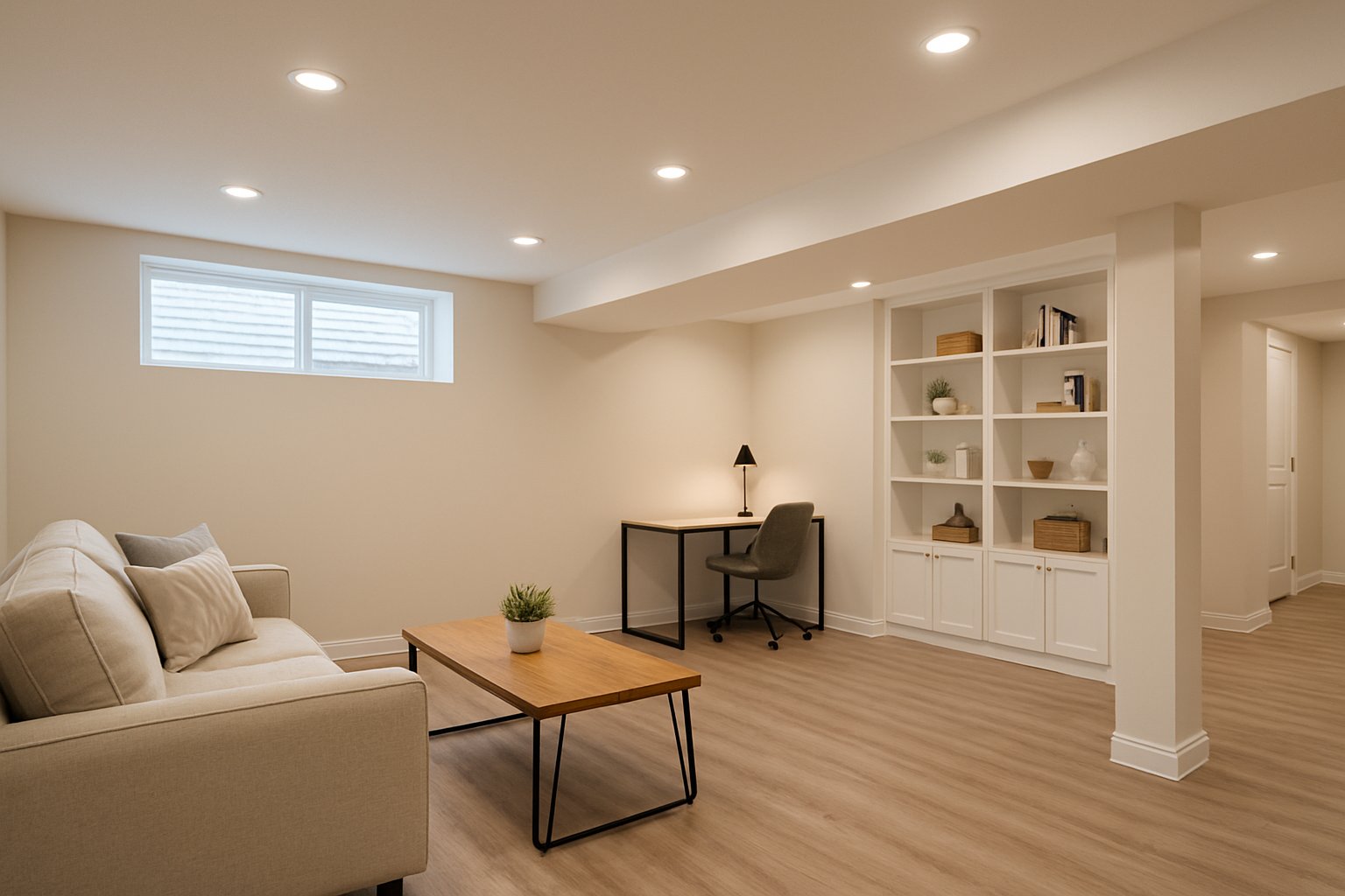 A spacious basement with a seating area, home office nook, built-in shelves, and natural light from windows near the ceiling.