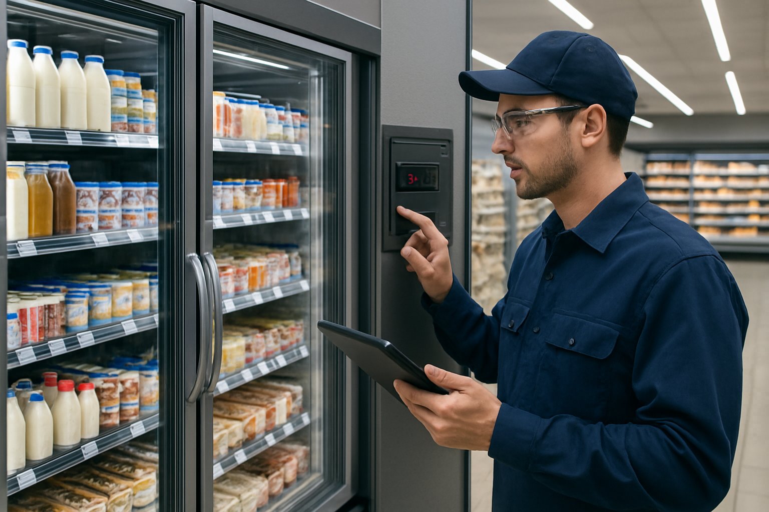 A technician inspecting the control panel of a supermarket refrigeration unit in a brightly lit grocery store aisle filled with refrigerated products.