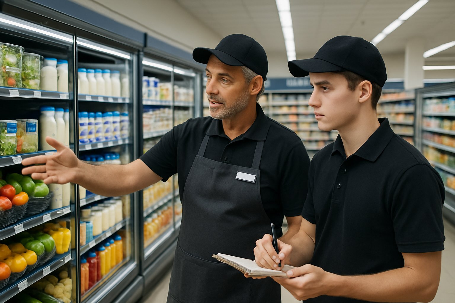 A mentor guiding a trainee in a supermarket refrigeration aisle filled with fresh products in refrigerated display cases.