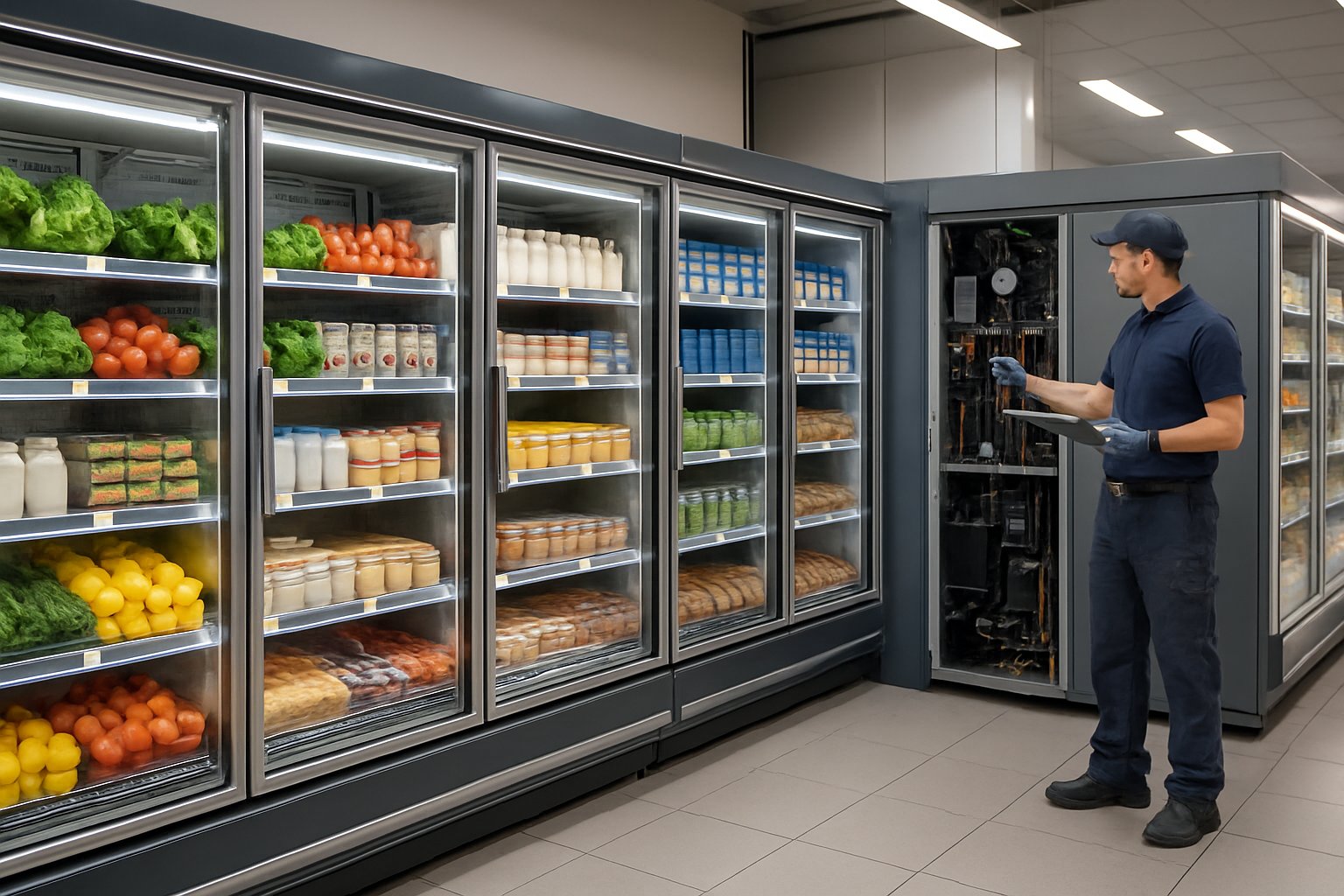 A technician inspects refrigeration units in a supermarket aisle filled with fresh produce and dairy products.