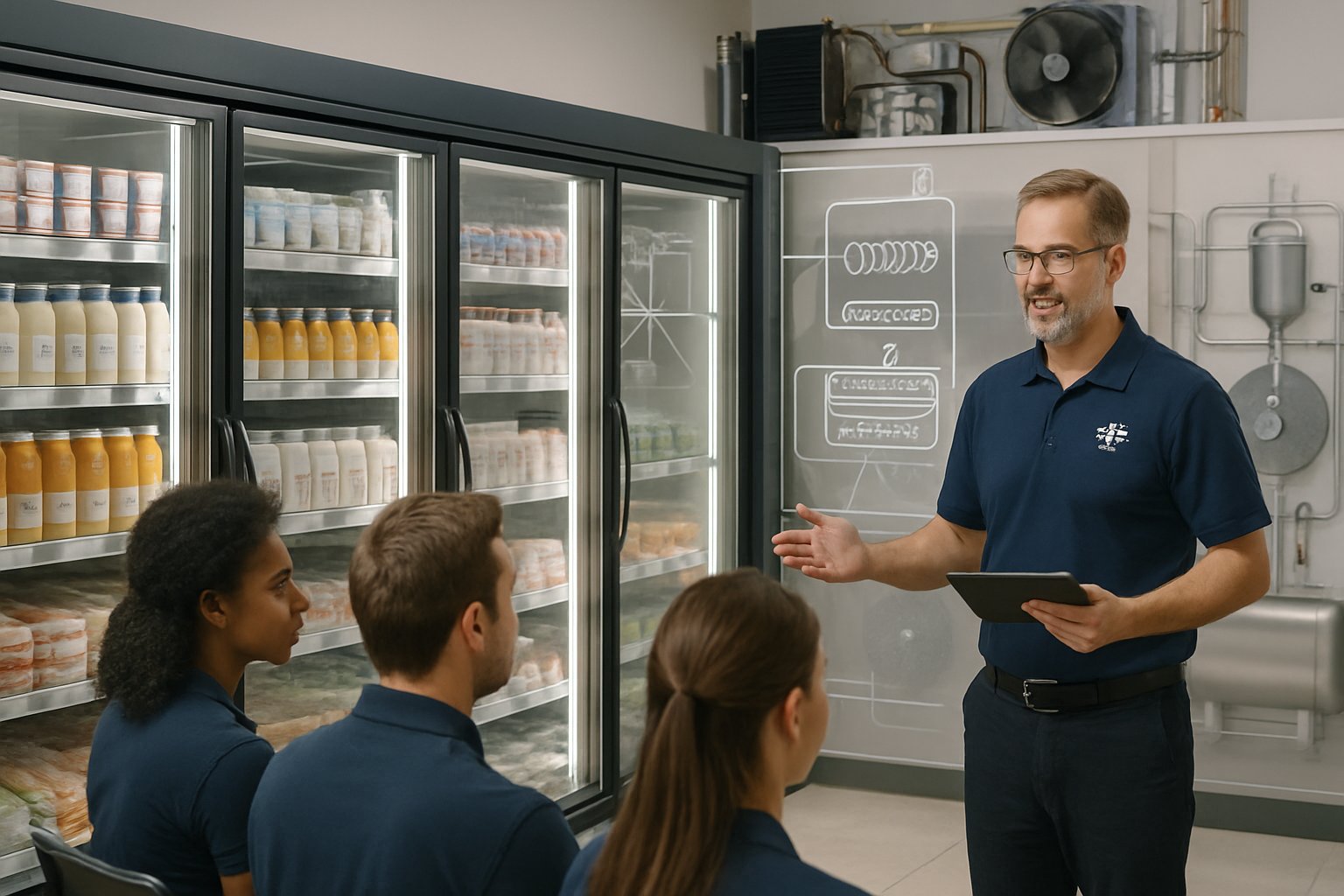 A mentor explains supermarket refrigeration systems to trainees beside glass-door refrigerated shelves filled with products in a bright supermarket aisle.