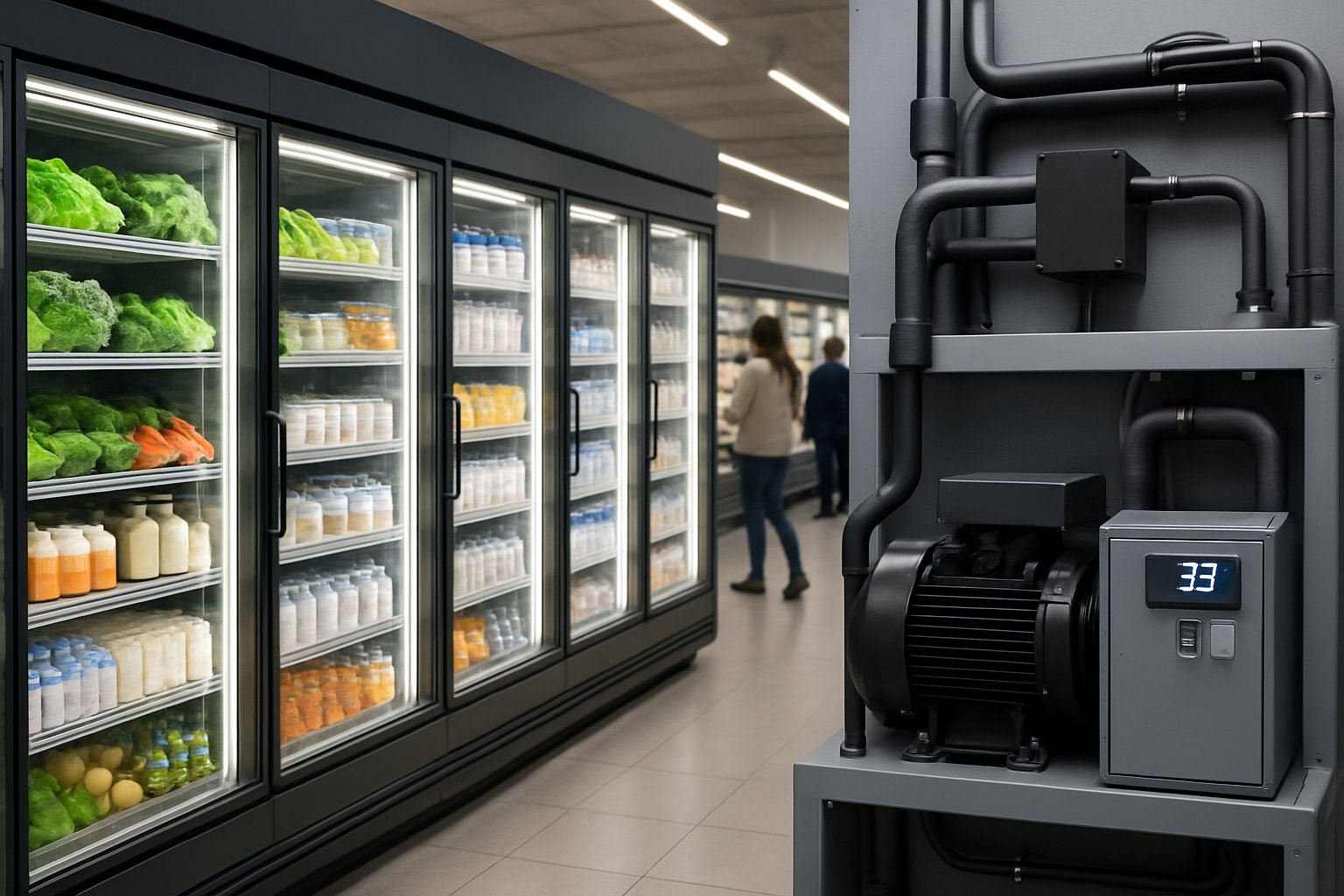 A supermarket refrigeration aisle with glass-door coolers displaying fresh food and visible refrigeration equipment.