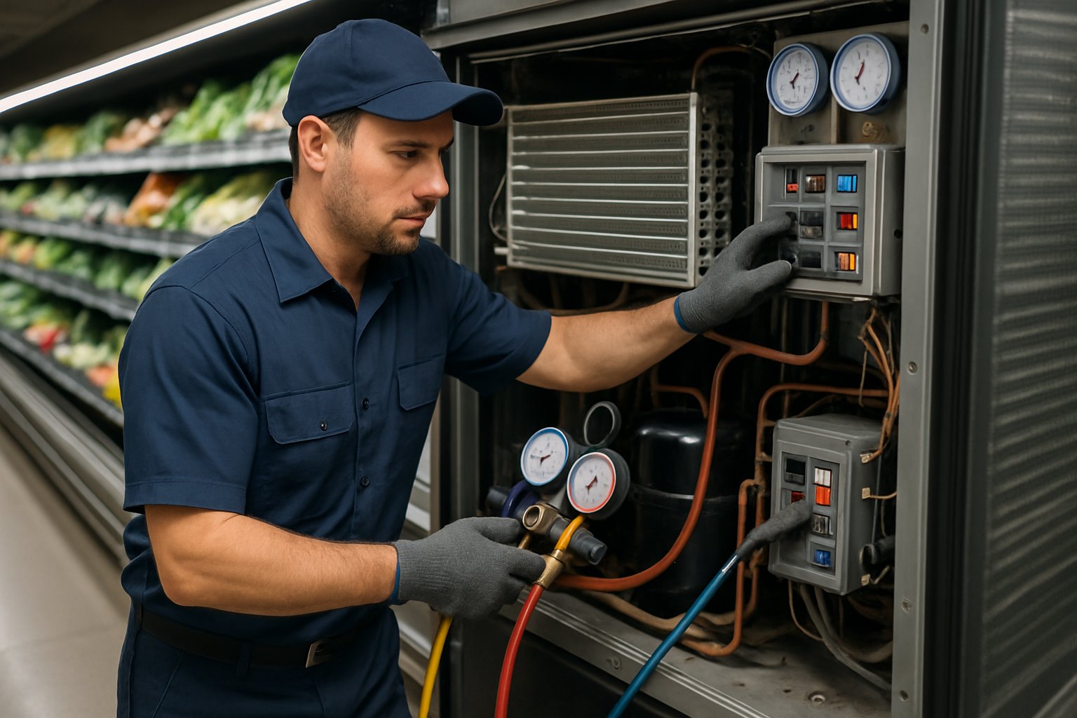 A refrigeration technician inspecting and troubleshooting supermarket refrigeration equipment inside a store.