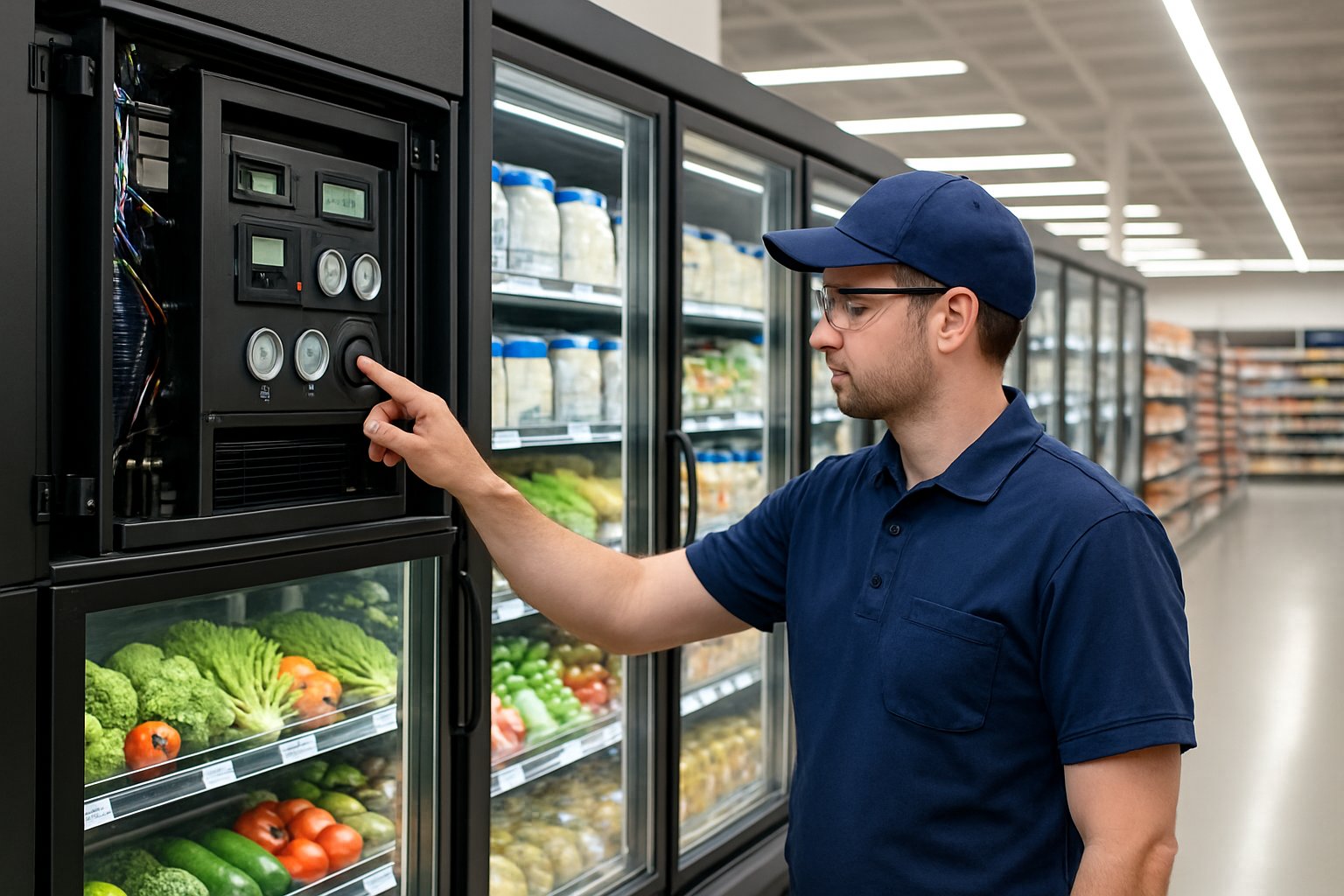 A technician inspects a modern supermarket refrigeration unit with glass doors displaying fresh products in a well-organized supermarket aisle.