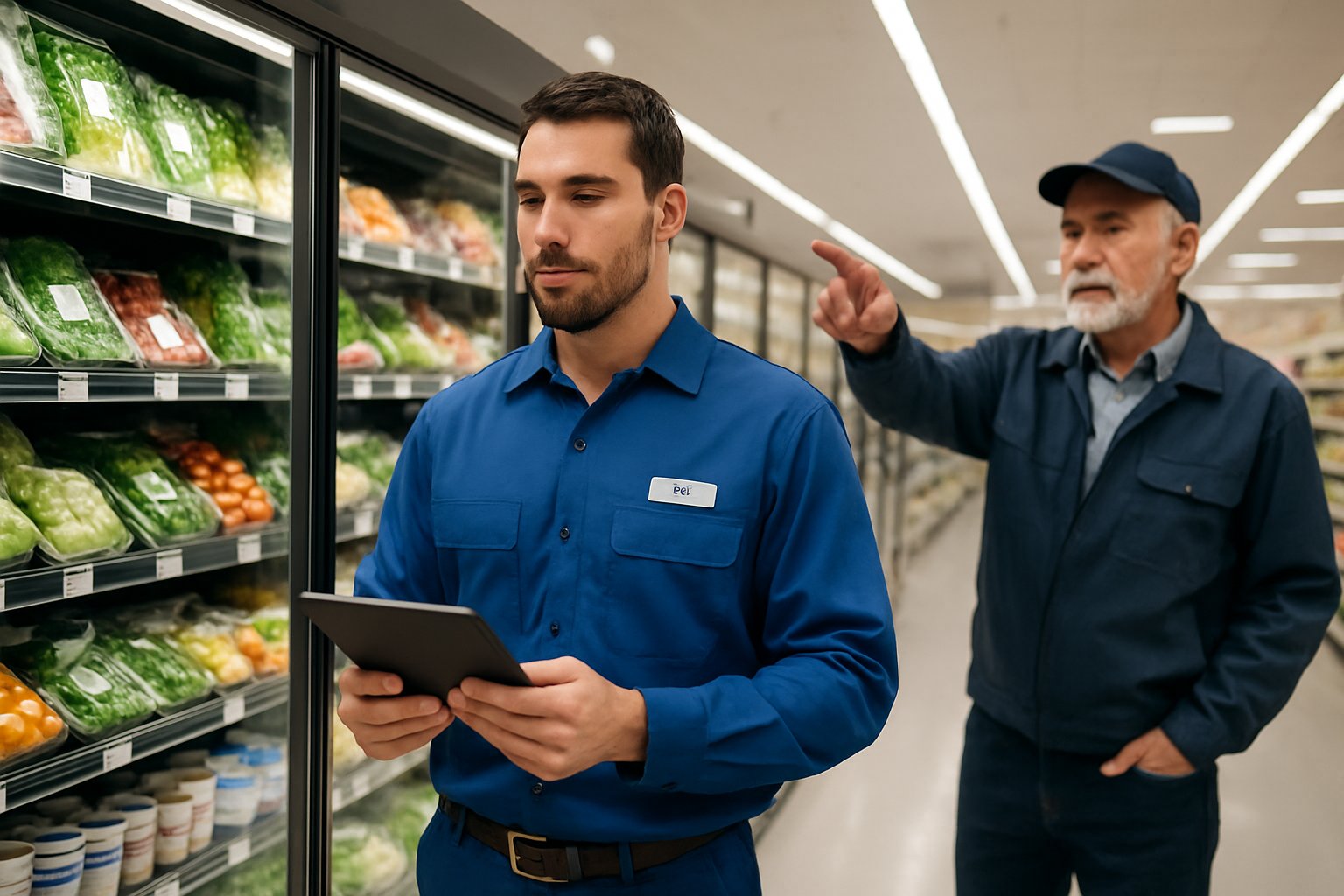 A lead technician holding a tablet inspects supermarket refrigeration units while a mentor guides him in a bright supermarket aisle.