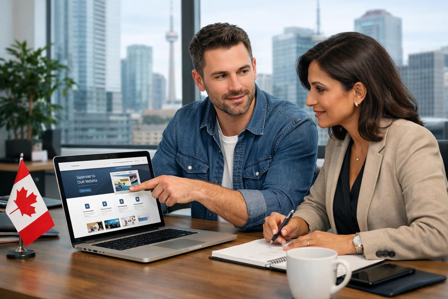 Two business professionals collaborating over a laptop in a modern office with a small Canadian flag on the desk.