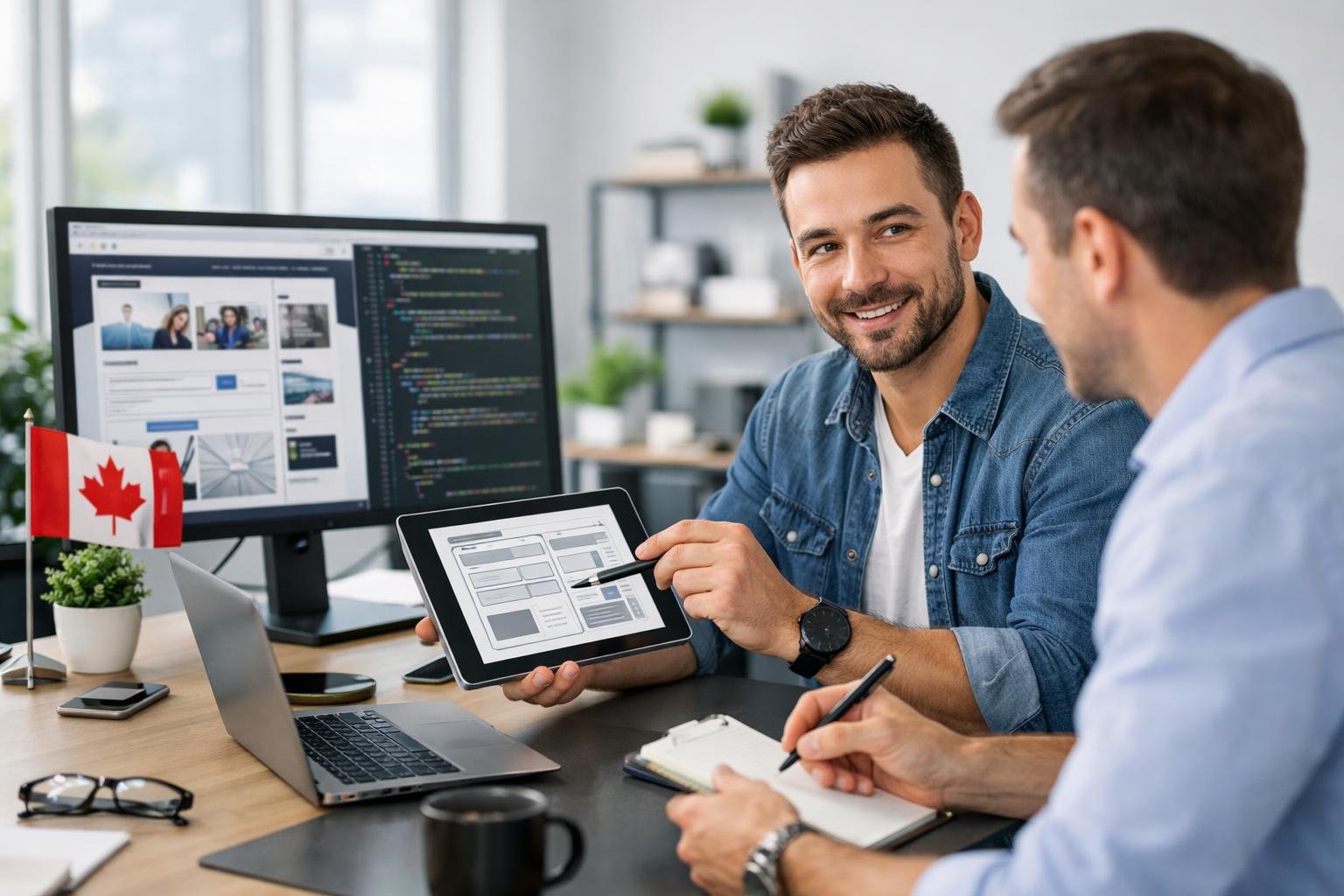 A web designer and client discussing website designs in a bright modern office with multiple screens and technology.
