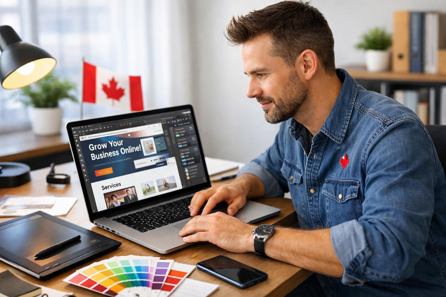 A Canadian web designer working at a desk with a laptop and digital tools in a bright office.