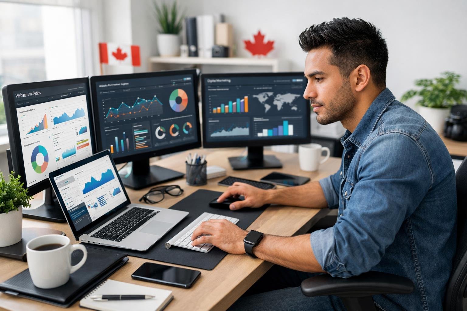 A professional web designer working at a desk with multiple monitors showing digital marketing and SEO analytics in a bright, modern office with subtle Canadian decor.
