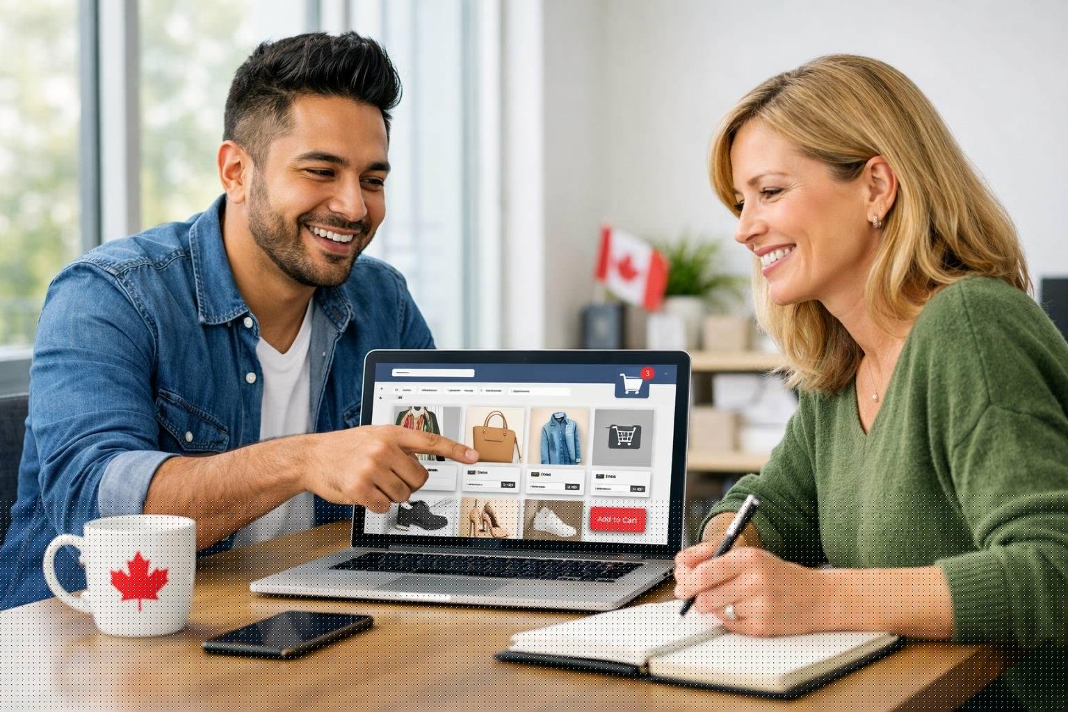 A web designer and small business owner discussing an ecommerce website on a laptop in a bright office with Canadian-themed decor.