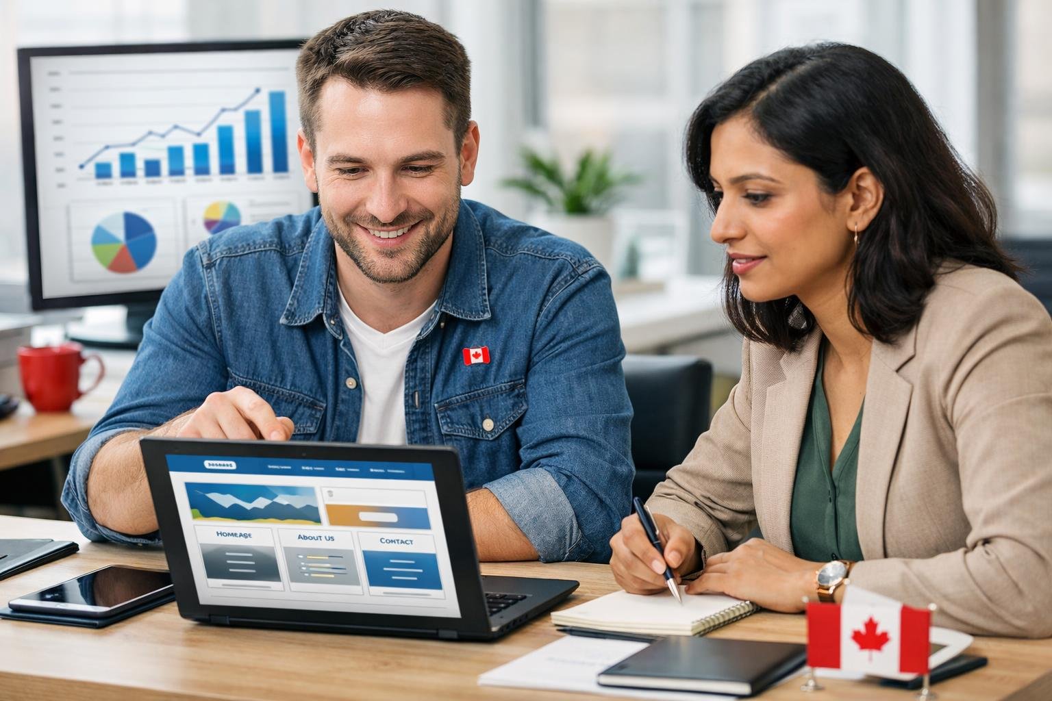 Two professionals discussing a website design on a laptop in a modern office with digital devices and a small Canadian flag on the desk.