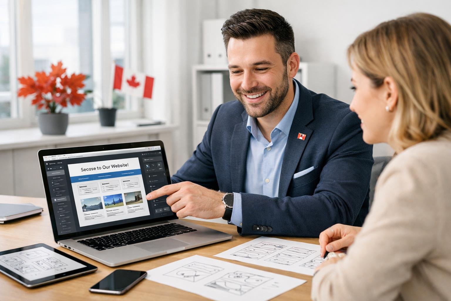 A web designer and a client working together at a desk in a bright office with laptops and design materials.