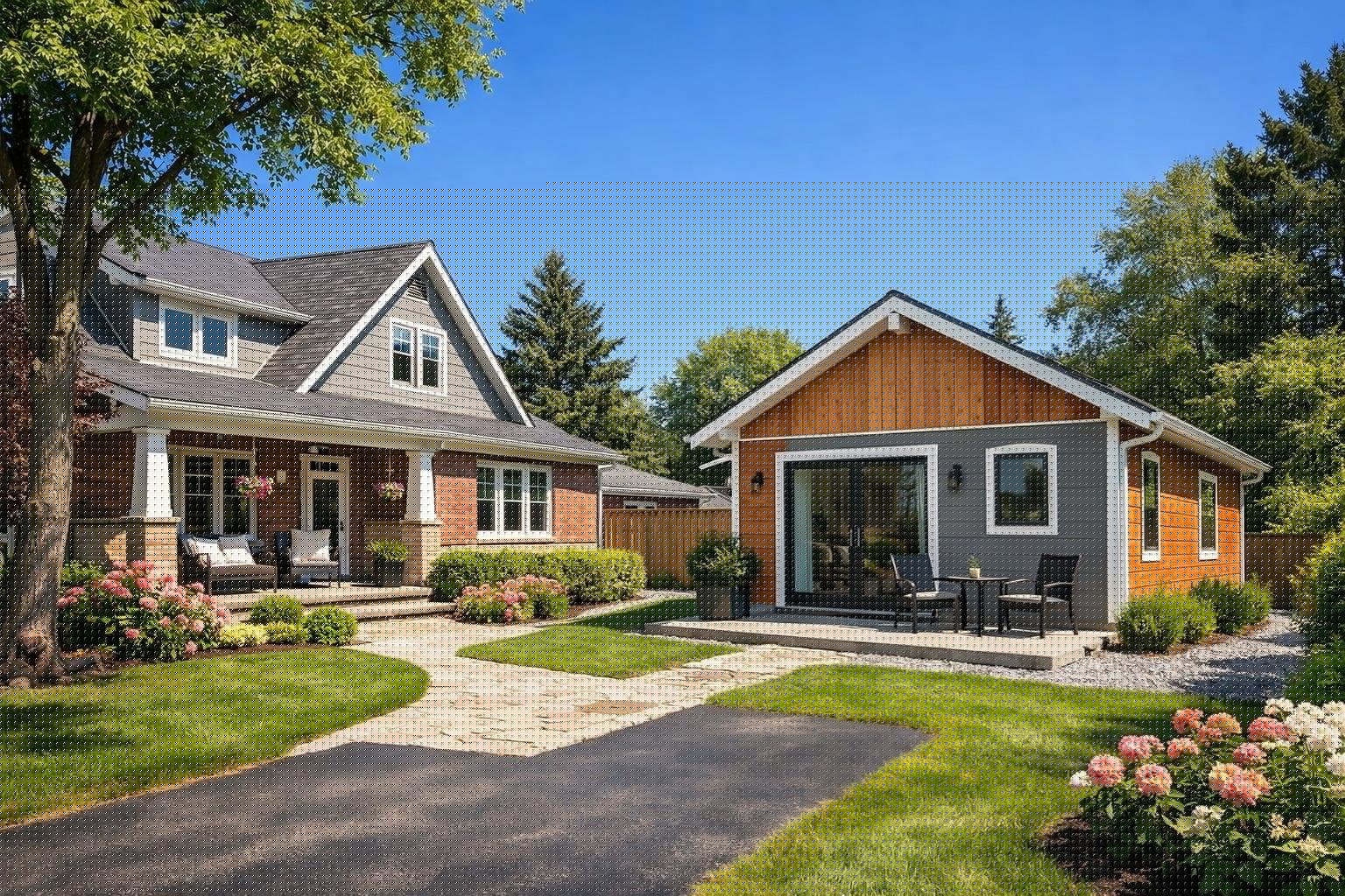 A residential neighborhood in Brant County, Ontario, showing a main house with a smaller accessory dwelling unit nearby surrounded by green lawns and trees on a sunny day.