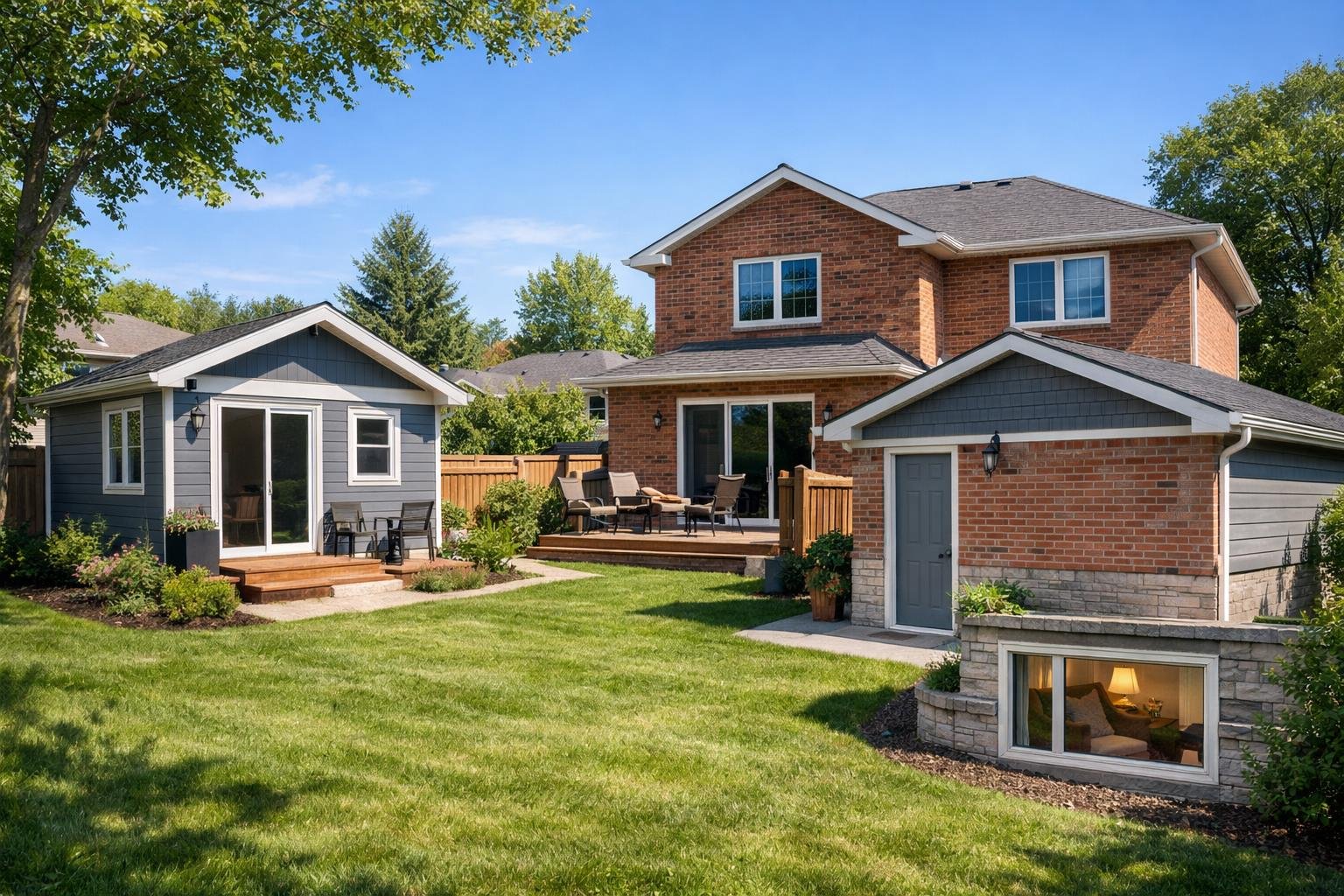 Suburban neighborhood showing a main house with a detached guest house, a converted garage, and a basement suite in Brant County, Ontario.