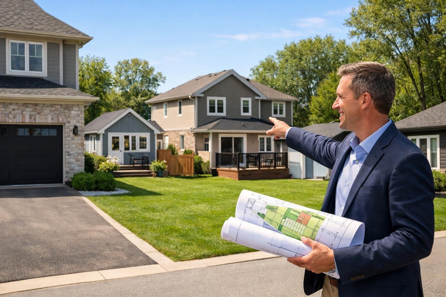 A residential neighborhood with houses and accessory dwelling units, a person holding plans pointing towards a home on a sunny day.