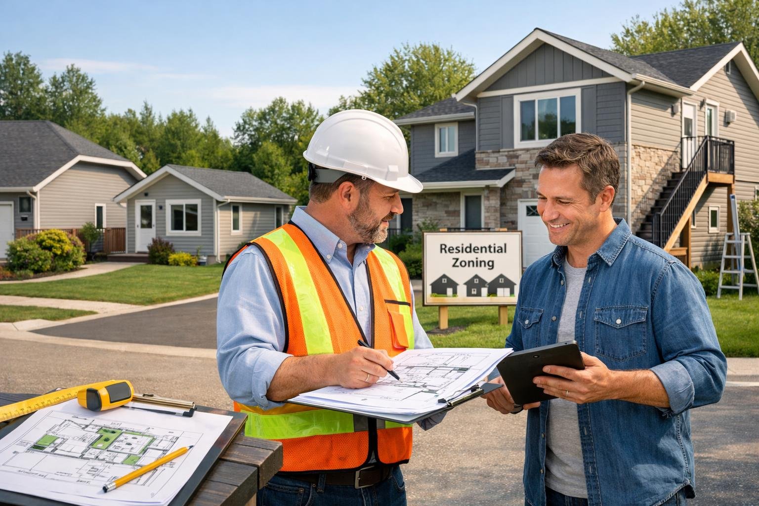 A city official reviews building plans with a homeowner outside a suburban house with an accessory dwelling unit in a residential neighborhood.