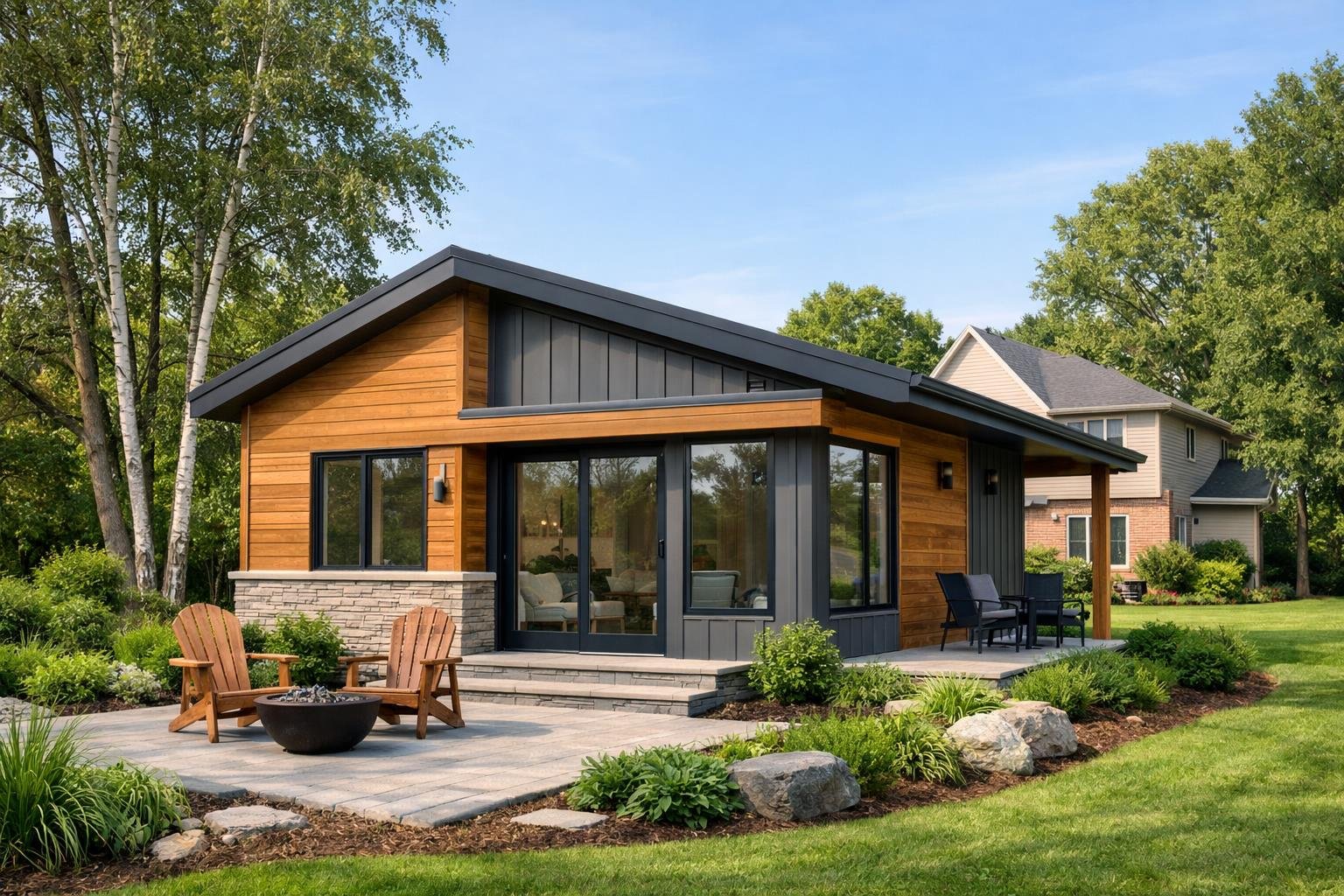 A small modern accessory dwelling unit next to a house in a green suburban yard with trees and clear sky.