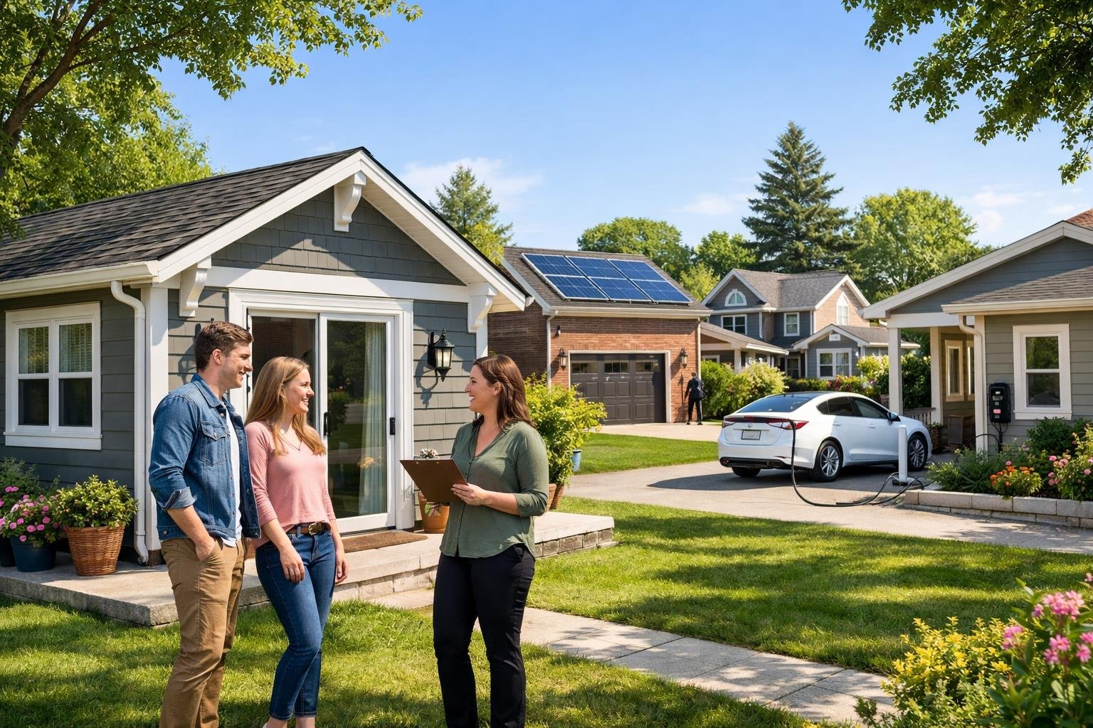 A sunny residential neighborhood with homes featuring accessory dwelling units, green lawns, and people interacting outdoors.