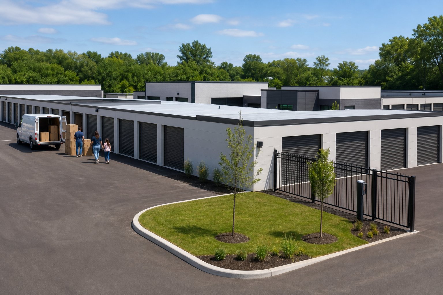 A modern self-storage facility with paved driveways, landscaped grounds, and people unloading boxes near a moving van.