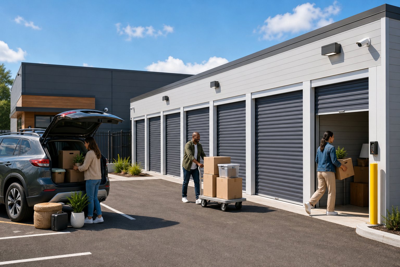 Renters carrying boxes near a clean, modern self-storage facility in Cambridge, Ontario.