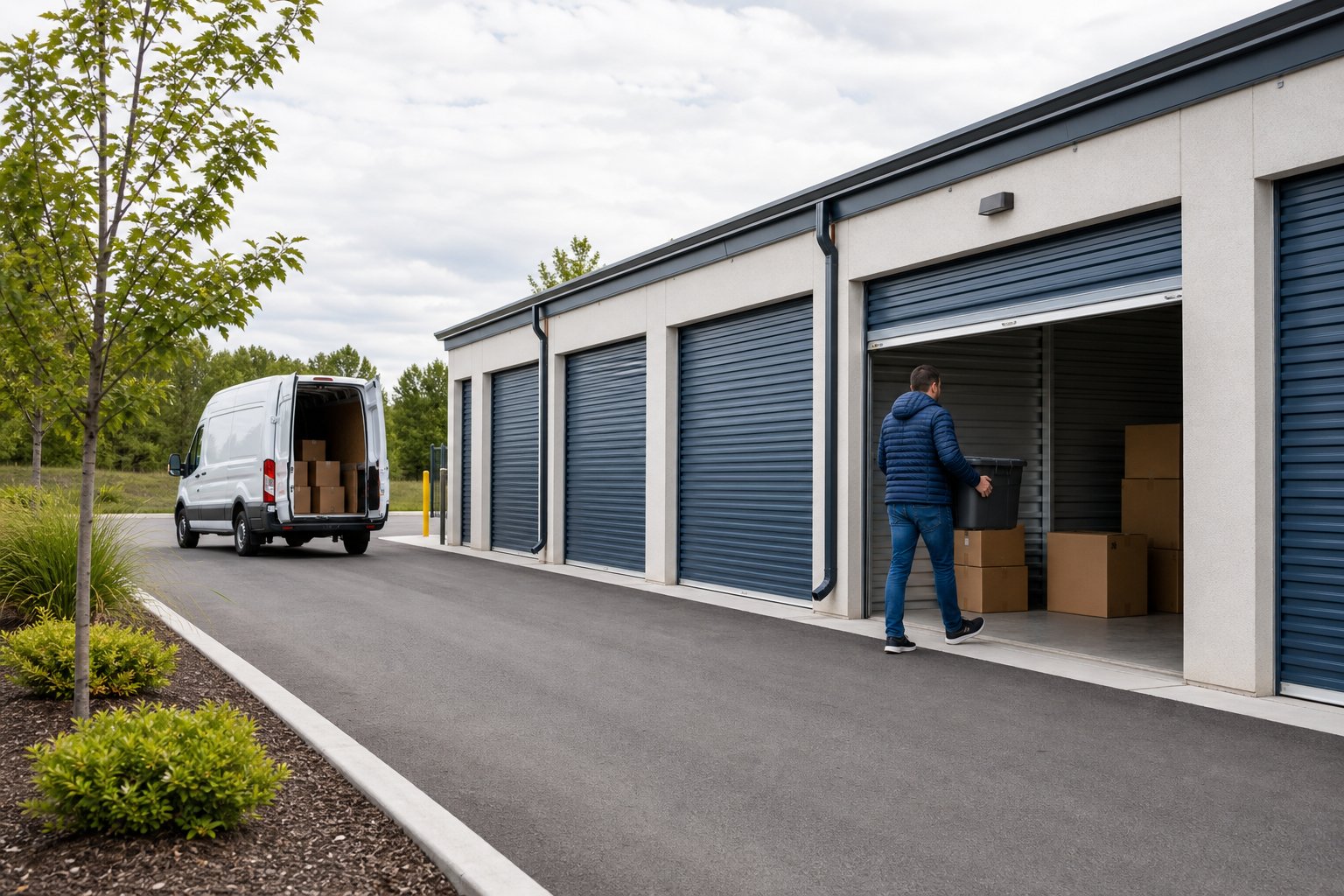 A clean modern self-storage facility with secure unit doors, a moving van, and a person carrying a storage bin.